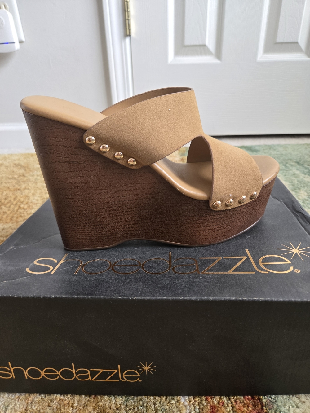 Shoe Dazzle Tan Suede Platform Wedge Sandals